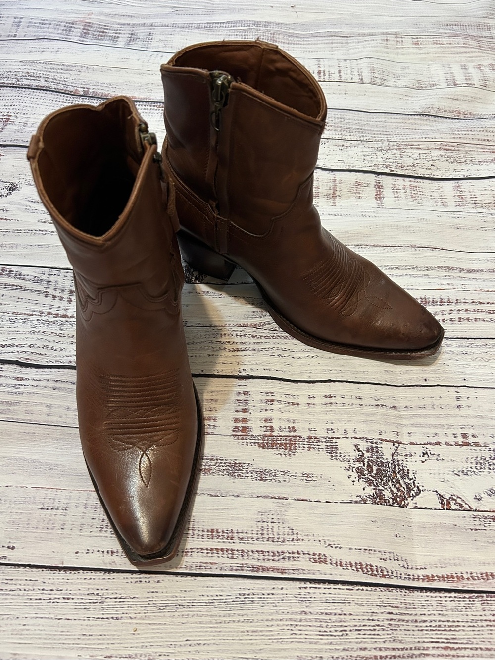 Tecovas The Daisy Brown Leather Cowboy Ankle Boots with Side Zip